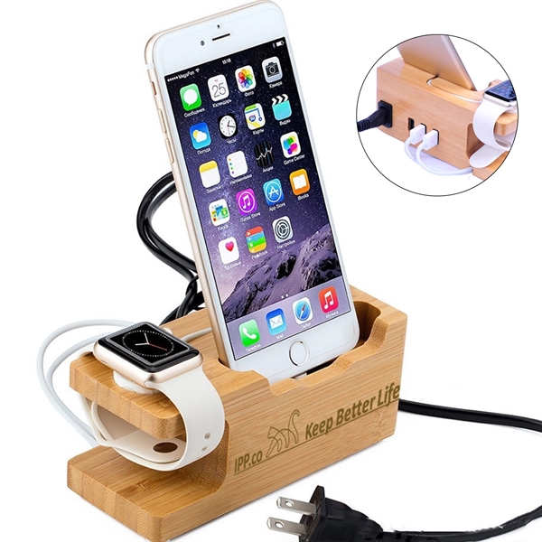 Bamboo Charging Station Desk Organization for Phones Watch - Bamboo Charging Station Desk Organization for Phones Watch - Image 0 of 6