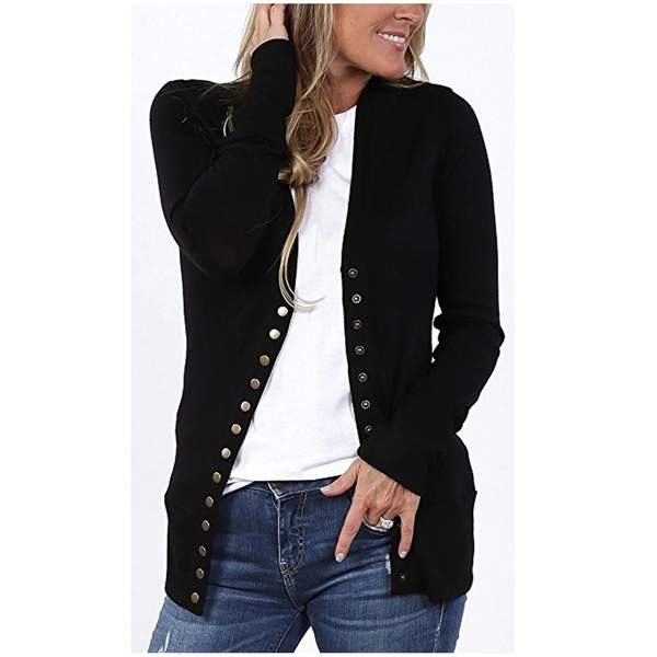 Women's Long Sleeve Snap Button Down Knit Neckline Cardigans - Women's Long Sleeve Snap Button Down Knit Neckline Cardigans - Image 2 of 4