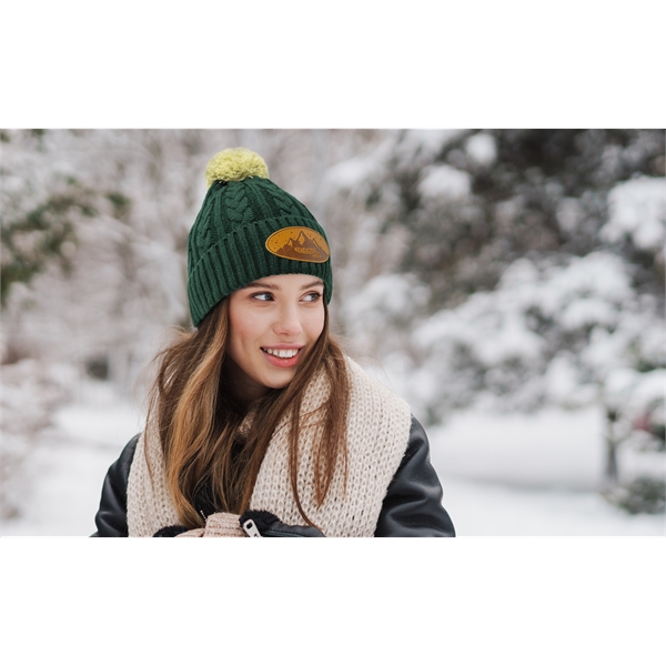 Pantone Matched Cable Knit Beanie with Vegan Leather Patch - Pantone Matched Cable Knit Beanie with Vegan Leather Patch - Image 1 of 5