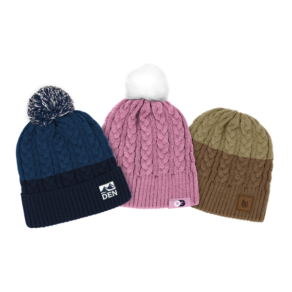Pantone Matched Cable Knit Beanie with Vegan Leather Patch - Pantone Matched Cable Knit Beanie with Vegan Leather Patch - Image 2 of 5