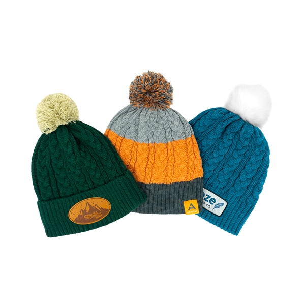 Pantone Matched Cable Knit Beanie with Vegan Leather Patch - Pantone Matched Cable Knit Beanie with Vegan Leather Patch - Image 3 of 5