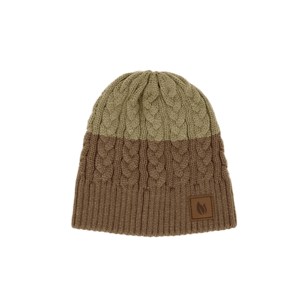 Custom Pantone Matched Cable Knit Beanie with Vegan Leather Patch