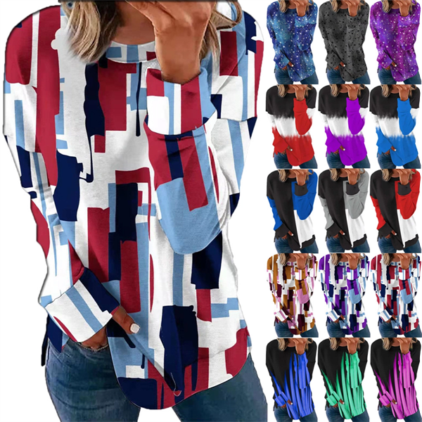 Long Sleeve Round Neck Casual Printed Blouses Tops T Shirts - Long Sleeve Round Neck Casual Printed Blouses Tops T Shirts - Image 0 of 6