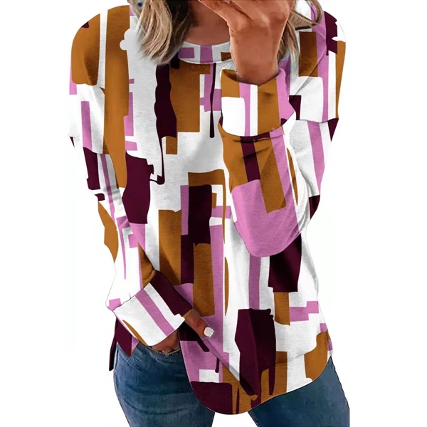 Long Sleeve Round Neck Casual Printed Blouses Tops T Shirts - Long Sleeve Round Neck Casual Printed Blouses Tops T Shirts - Image 4 of 6