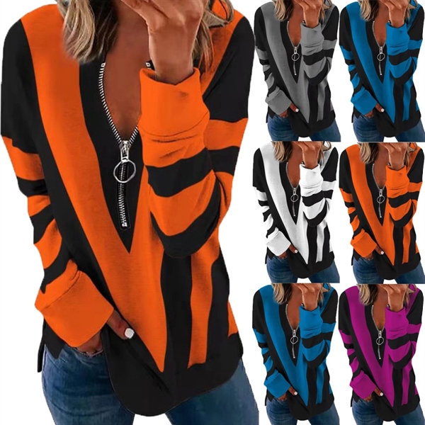 Long Sleeve Zipper V Neck Printed Tops T-Shirts - Long Sleeve Zipper V Neck Printed Tops T-Shirts - Image 0 of 4
