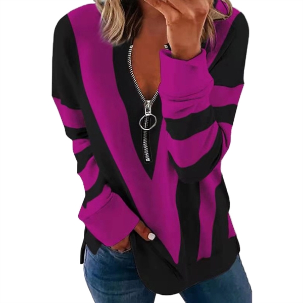 Long Sleeve Zipper V Neck Printed Tops T-Shirts - Long Sleeve Zipper V Neck Printed Tops T-Shirts - Image 1 of 4