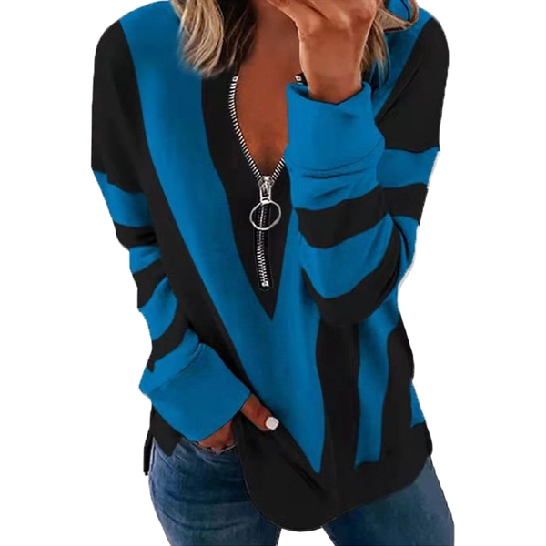 Long Sleeve Zipper V Neck Printed Tops T-Shirts - Long Sleeve Zipper V Neck Printed Tops T-Shirts - Image 2 of 4