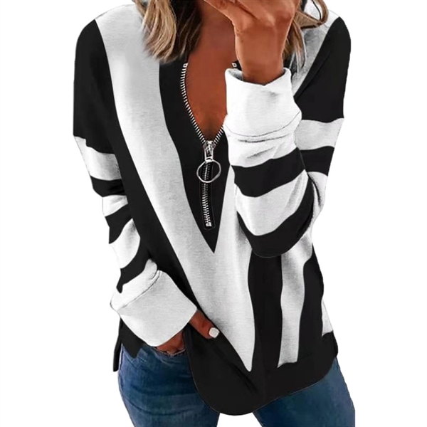 Long Sleeve Zipper V Neck Printed Tops T-Shirts - Long Sleeve Zipper V Neck Printed Tops T-Shirts - Image 3 of 4