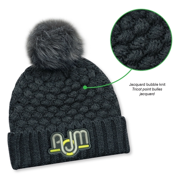 Cuff Toque w Faux Fur PomPom 12cm in Jacquard Bubble Knit - Cuff Toque w Faux Fur PomPom 12cm in Jacquard Bubble Knit - Image 6 of 8