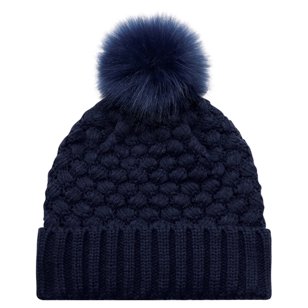 Cuff Toque w Faux Fur PomPom 12cm in Jacquard Bubble Knit - Cuff Toque w Faux Fur PomPom 12cm in Jacquard Bubble Knit - Image 3 of 8