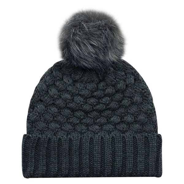 Cuff Toque w Faux Fur PomPom 12cm in Jacquard Bubble Knit - Cuff Toque w Faux Fur PomPom 12cm in Jacquard Bubble Knit - Image 2 of 8