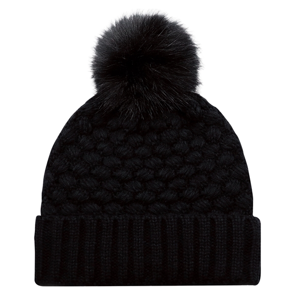 Cuff Toque w Faux Fur PomPom 12cm in Jacquard Bubble Knit - Cuff Toque w Faux Fur PomPom 12cm in Jacquard Bubble Knit - Image 1 of 8