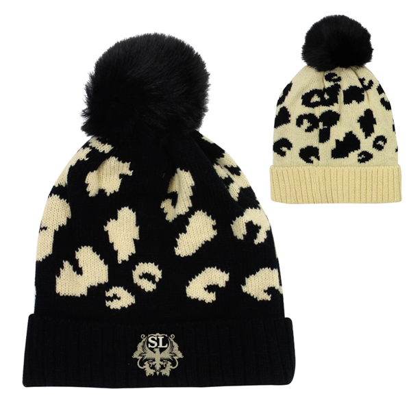 Leopard Print Pom Beanie - Leopard Print Pom Beanie - Image 0 of 4