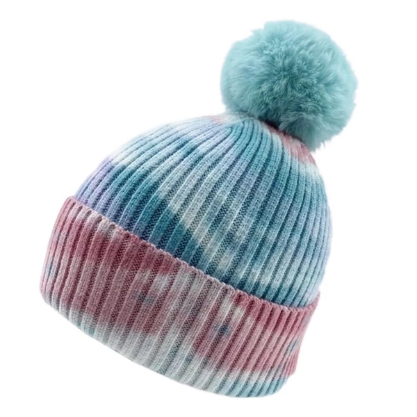 Tie-dye Printed Knitted Beanie with Pom - Tie-dye Printed Knitted Beanie with Pom - Image 3 of 7
