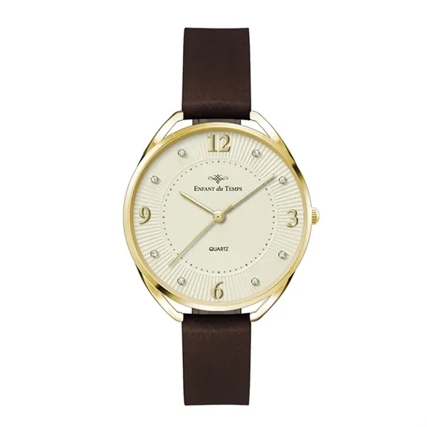 34MM METAL GOLD CASE, 3 HAND MVMT, GOLD DIAL, LEAT...