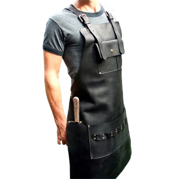 Black PU Leather Apron With Knife Sheath Pocket - Black PU Leather Apron With Knife Sheath Pocket - Image 0 of 1