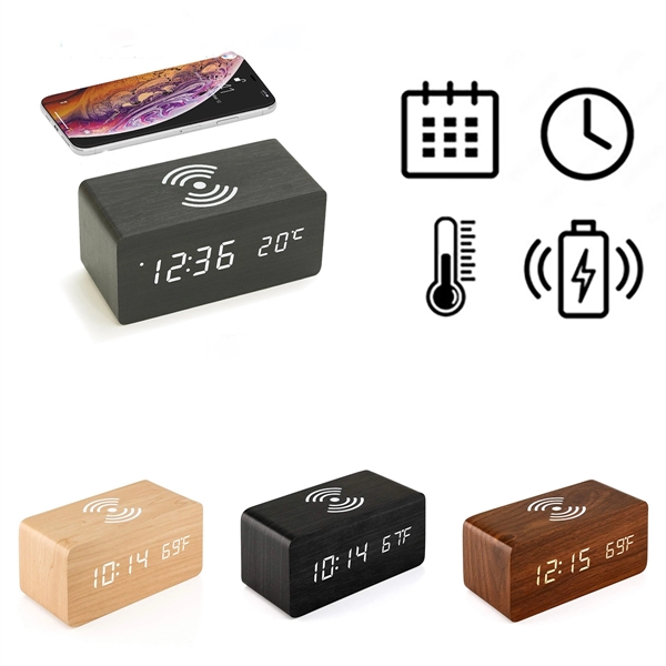 Wooden Digital Alarm Clock with Wireless Charging - Wooden Digital Alarm Clock with Wireless Charging - Image 0 of 2