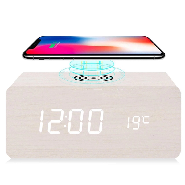 Wooden Digital Alarm Clock with Wireless Charging - Wooden Digital Alarm Clock with Wireless Charging - Image 1 of 2