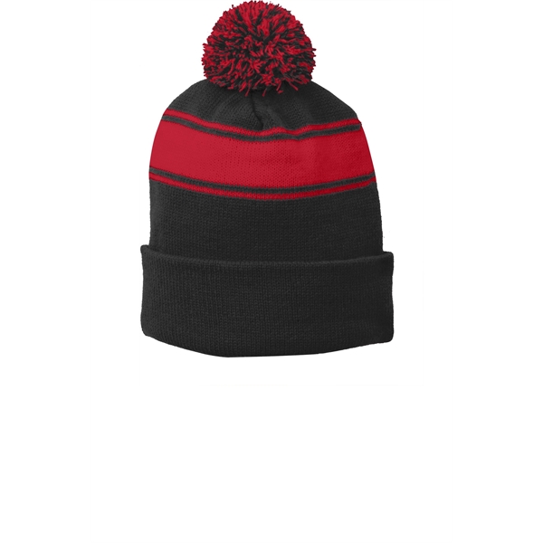 Sport-Tek Stripe Pom Pom Beanie. - Sport-Tek Stripe Pom Pom Beanie. - Image 1 of 6