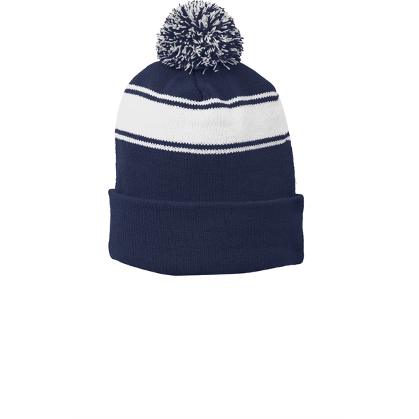 Sport-Tek Stripe Pom Pom Beanie. - Sport-Tek Stripe Pom Pom Beanie. - Image 3 of 6