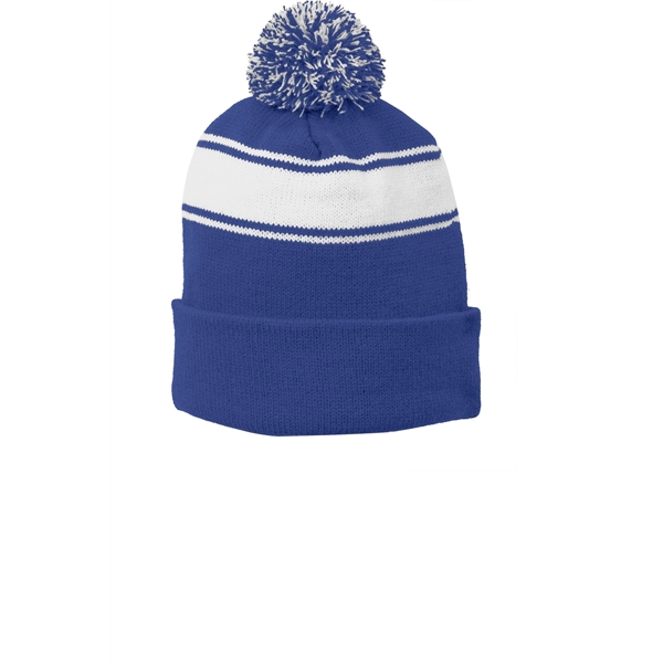 Sport-Tek Stripe Pom Pom Beanie. - Sport-Tek Stripe Pom Pom Beanie. - Image 4 of 6