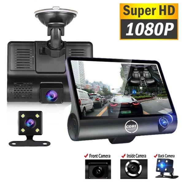 3 Lens Cameras Car Dash Cam with 4 inch Reverse Full Screen - 3 Lens Cameras Car Dash Cam with 4 inch Reverse Full Screen - Image 0 of 3