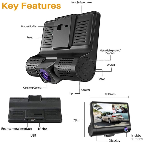 3 Lens Cameras Car Dash Cam with 4 inch Reverse Full Screen - 3 Lens Cameras Car Dash Cam with 4 inch Reverse Full Screen - Image 3 of 3