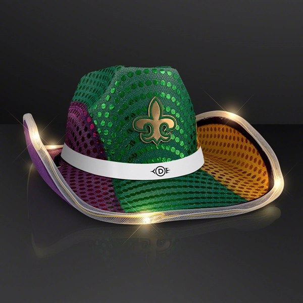 Mardi Gras LED Sequin Cowboy Hat with White Band - Mardi Gras LED Sequin Cowboy Hat with White Band - Image 0 of 1