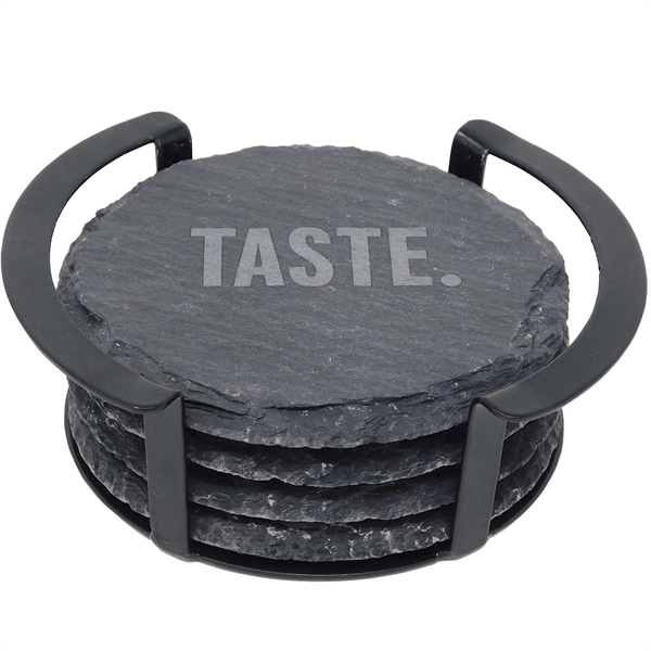 Custom 4 Pc. Round Slate Coaster Set with Black Metal Stand
