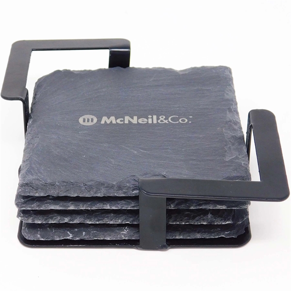 Custom 4 Pc. Square Slate Coaster Set with Black Metal Stand