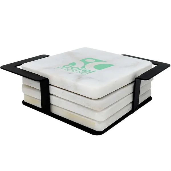 Custom 4 Pc. Square White Marble Coaster Set With Black Metal Stand