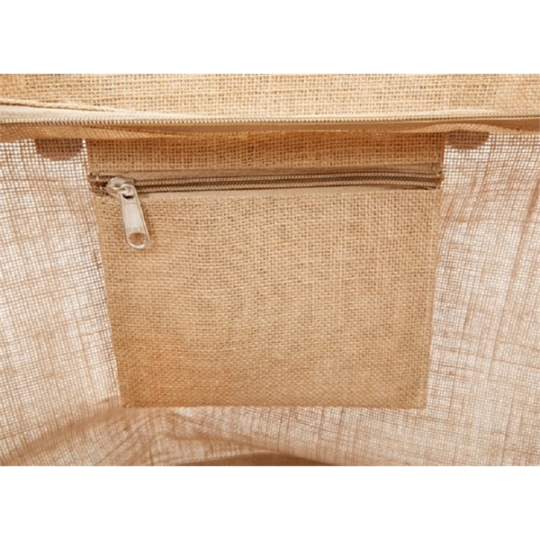 Jute Tote Bag with Leather Handles/Zipper Closure and Pocket - Jute Tote Bag with Leather Handles/Zipper Closure and Pocket - Image 1 of 3