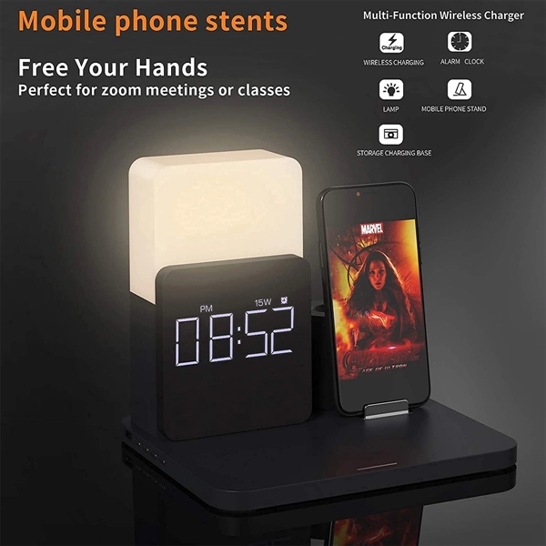 4-in-1 Wireless Charger Deck Alarm Clock Table Lamp - 4-in-1 Wireless Charger Deck Alarm Clock Table Lamp - Image 6 of 9