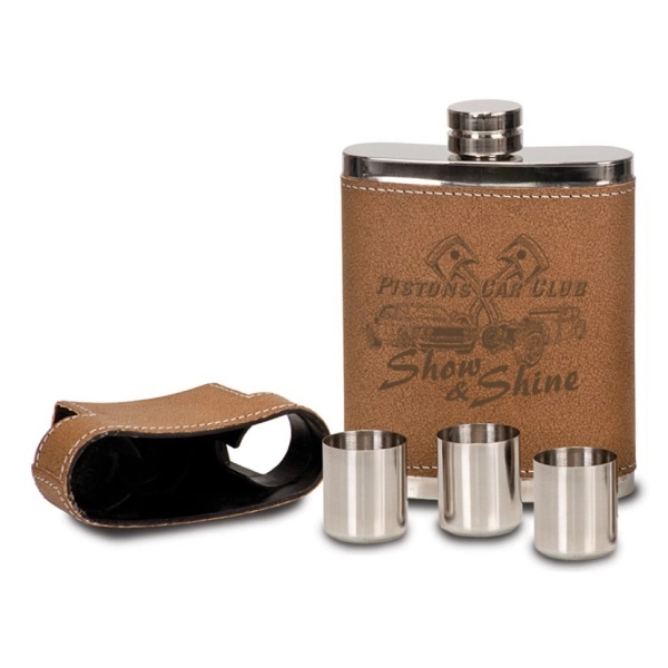 7 oz. Leather Flask Set w/cups - 7 oz. Leather Flask Set w/cups - Image 0 of 3