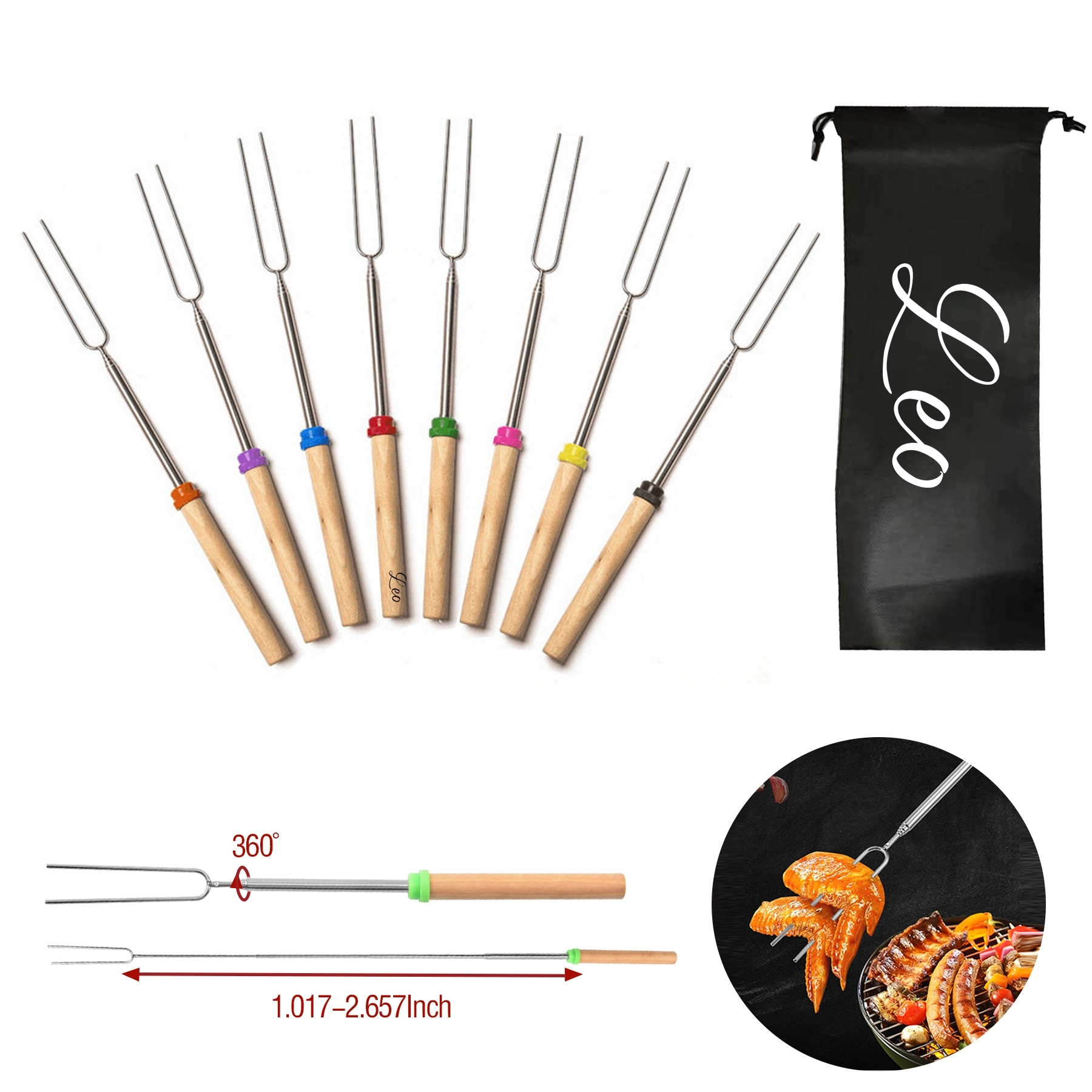 8Pcs Extendable Stainless Steel BBQ Roasting Sticks 1
