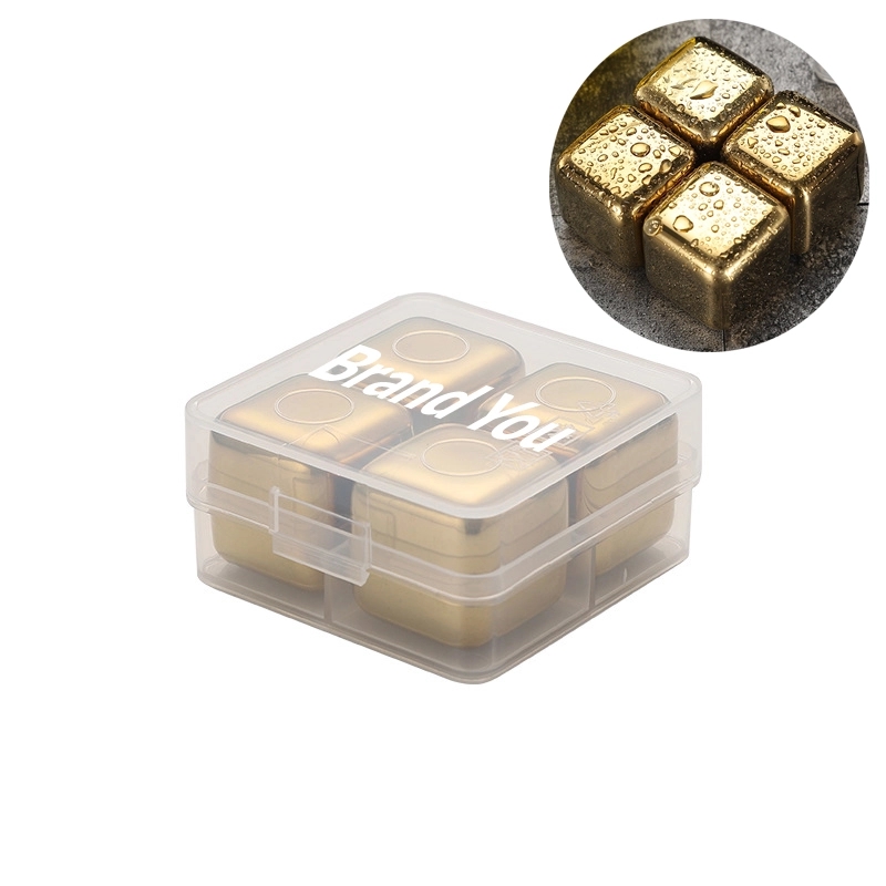 4 Golden Reusable Stainless Steel Ice Cubes w/ Case	