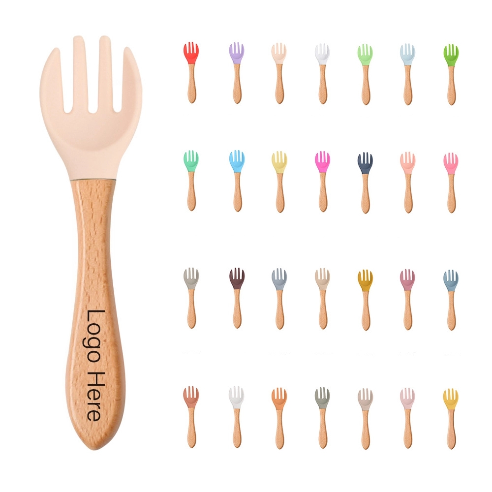 Silicone Baby Fork Wood Handle	