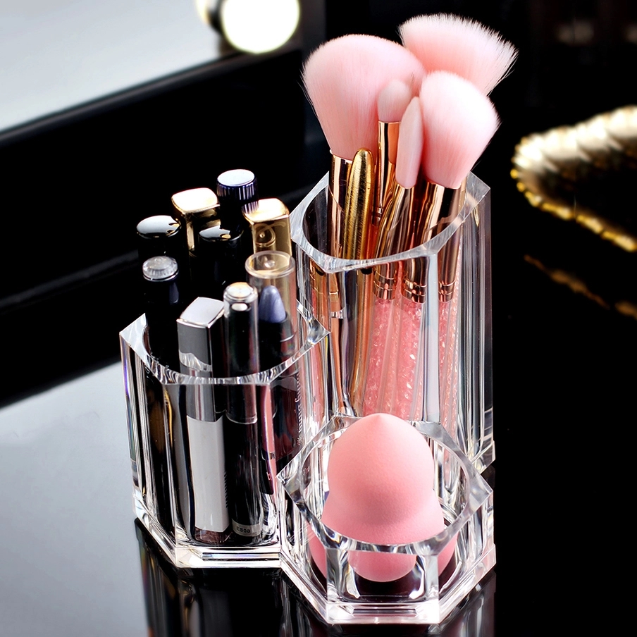 Clear Acrylic Makeup Brush Holder with 3 Compartments	