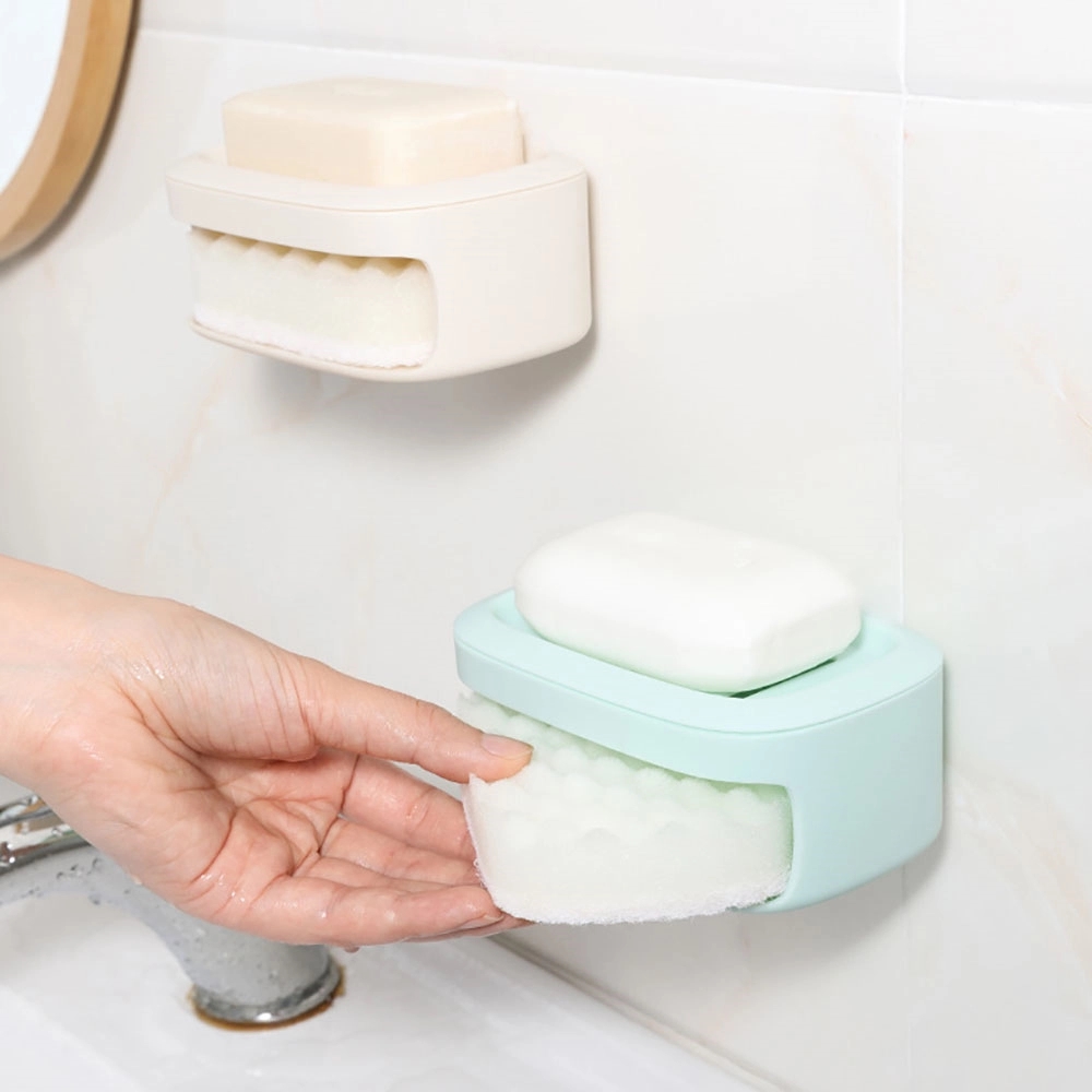 Double-Layer Adhesive Hanging Soap Dish with Sponge	