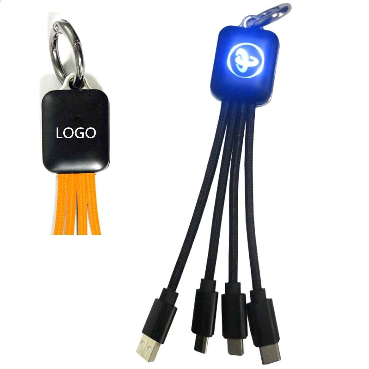 4 in 1 Charging Cable with Led Light up Logo and Key Chain	