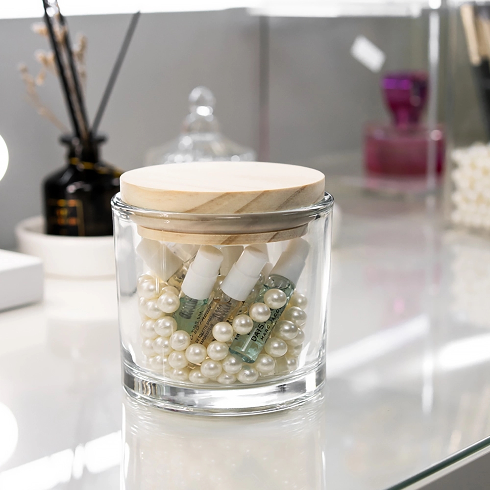 Clear Glass Perfume Storage Jar with Wooden Lid	