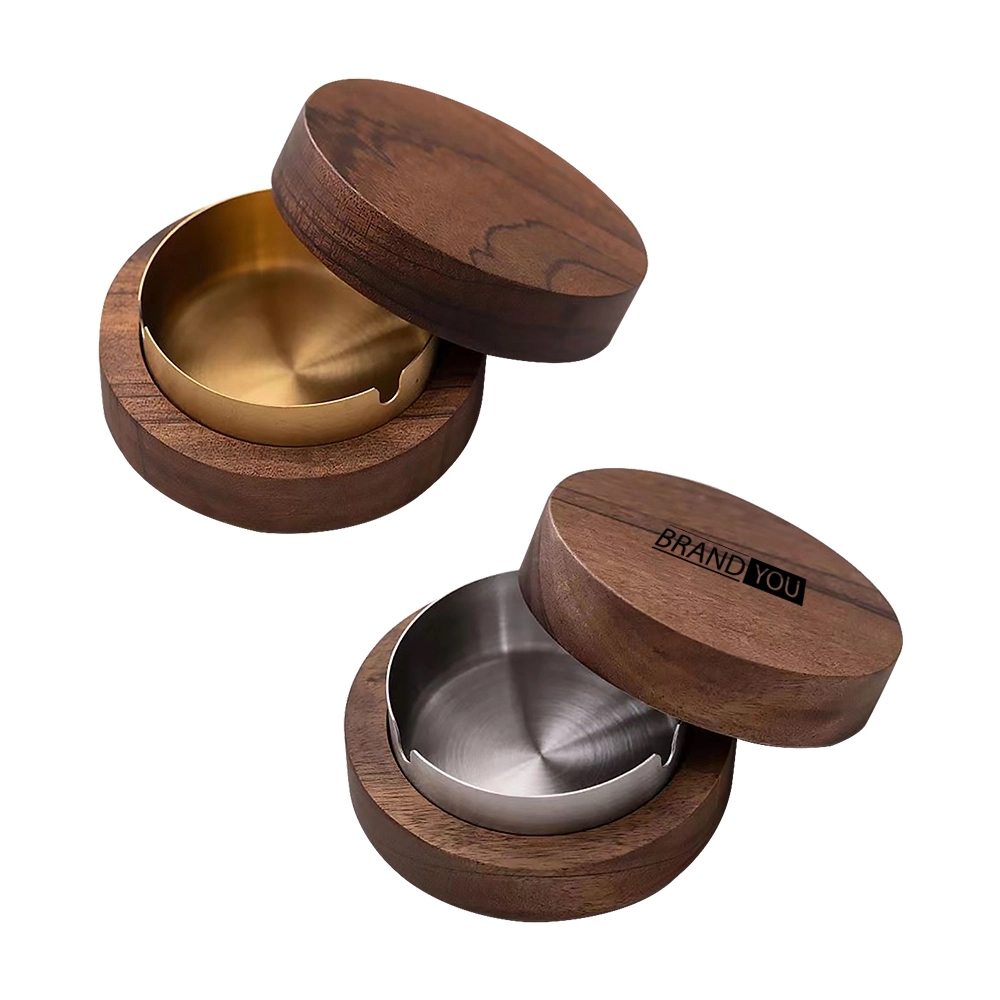 Circular Wood Ashtray with Magnetic Stainless Steel Liner	