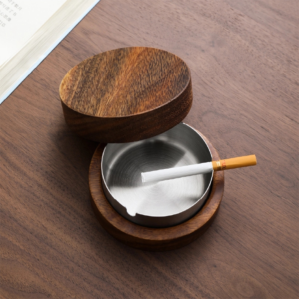 Circular Wood Ashtray with Magnetic Stainless Steel Liner	