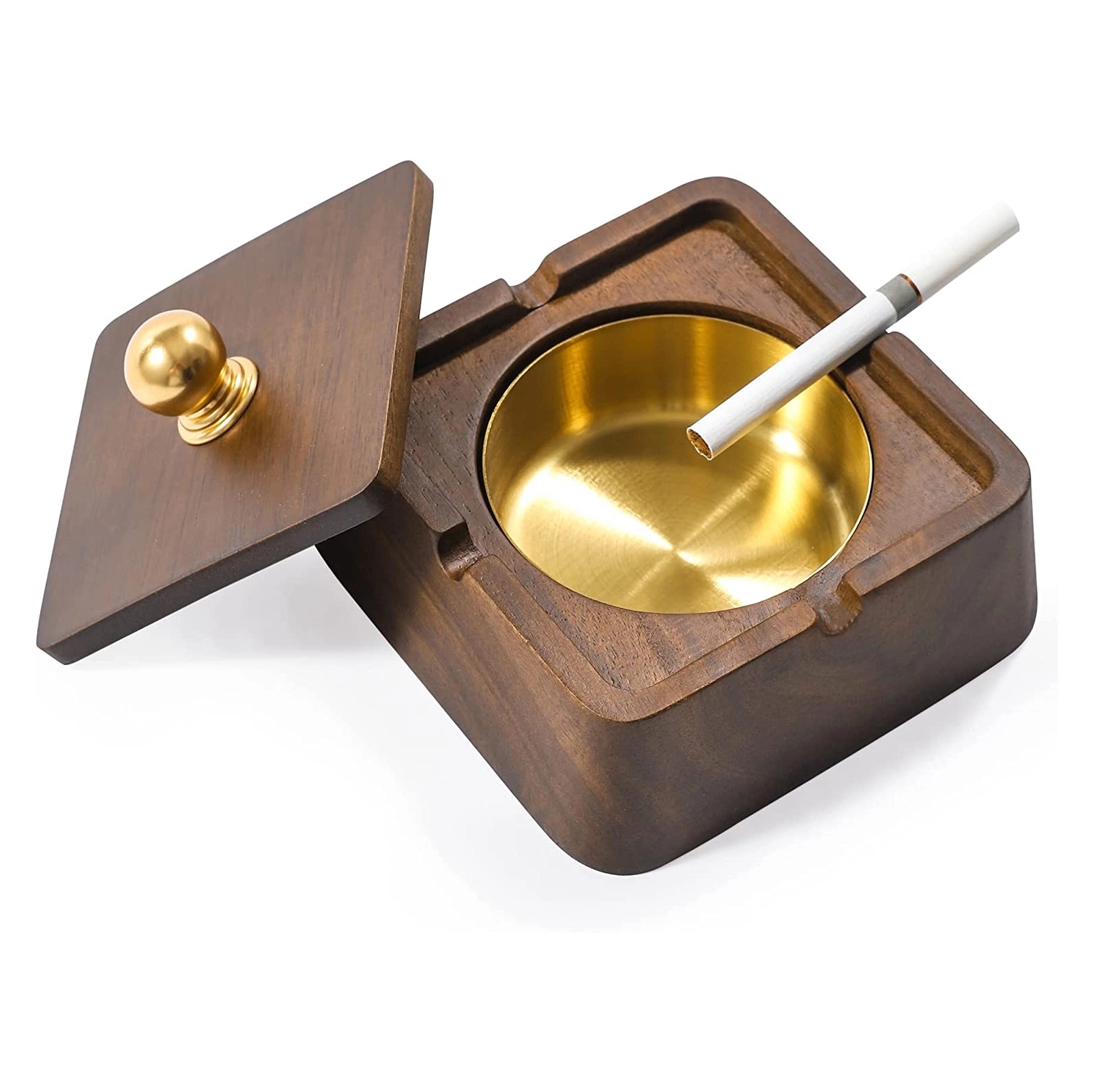 Trapezoidal Ashtray Stainless Steel Liner Wooden Cover	