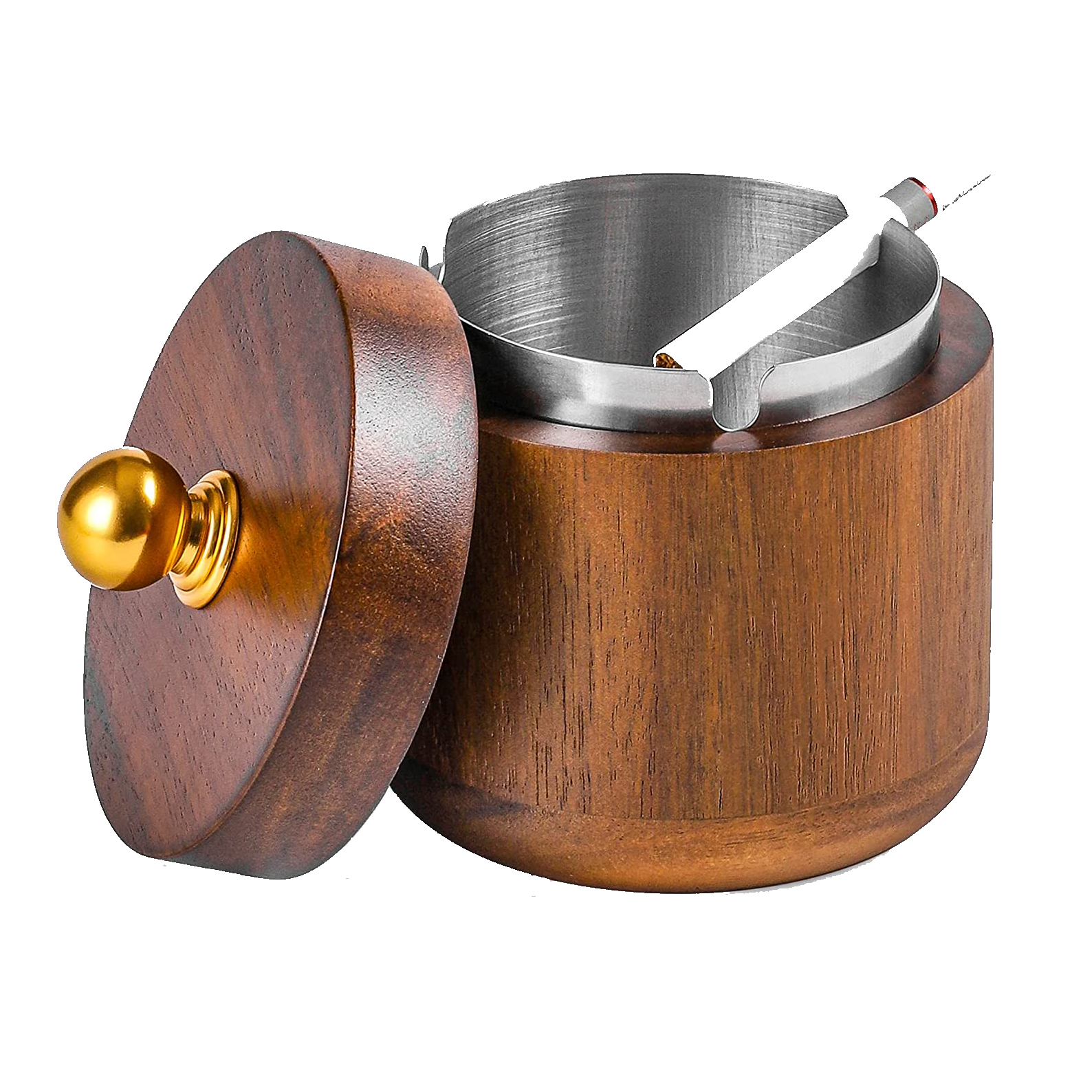 Round Ashtray Stainless Steel Liner Wooden Cover	