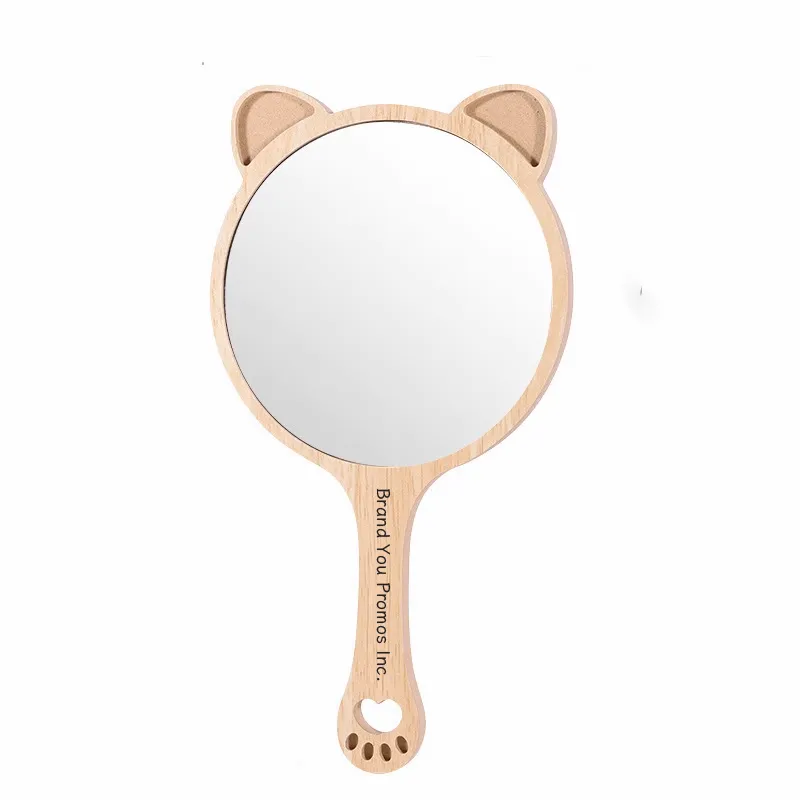 Cat Design Wooden Handle Hand Mirror	