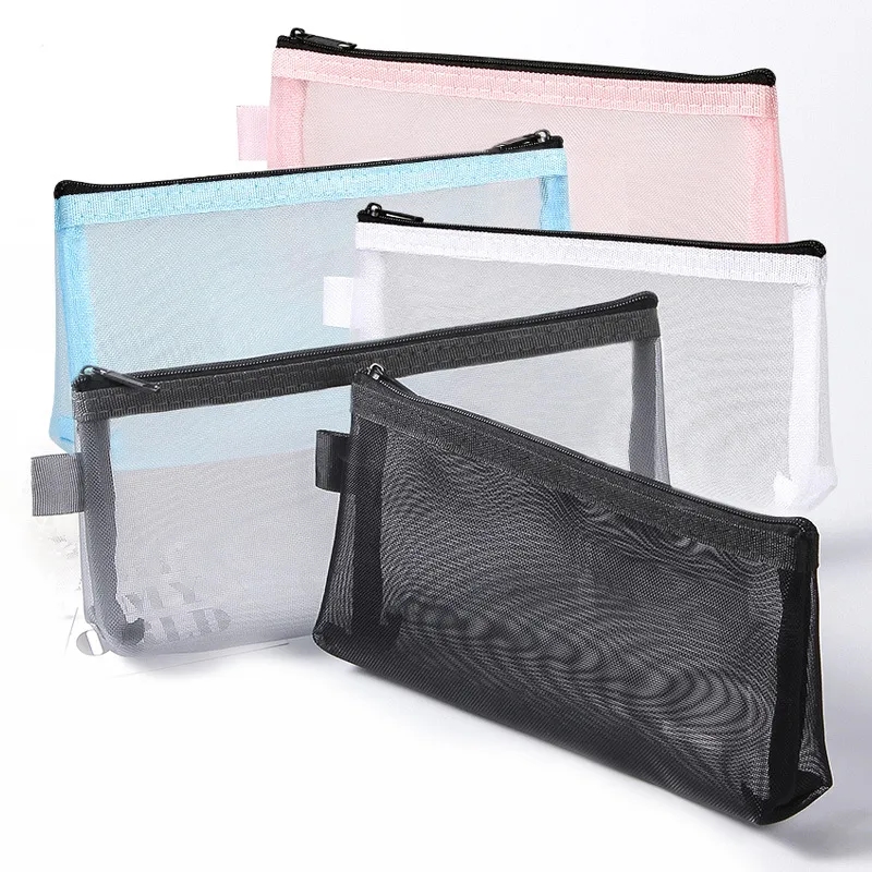 Transparent Zippered Nylon Mesh Pencil Pouch Organizer	