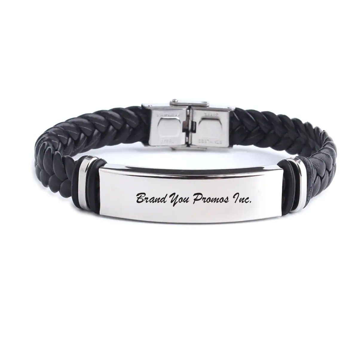 Stainless Steel Leather Braided Wristband Bracelet	