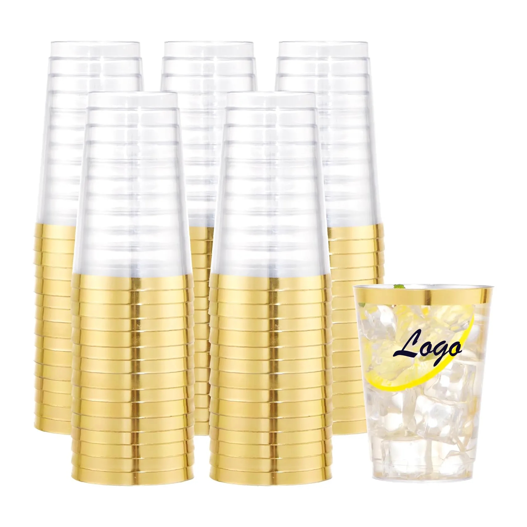 12 oz Disposable Clear Hard Plastic Cups with Gold Trim	