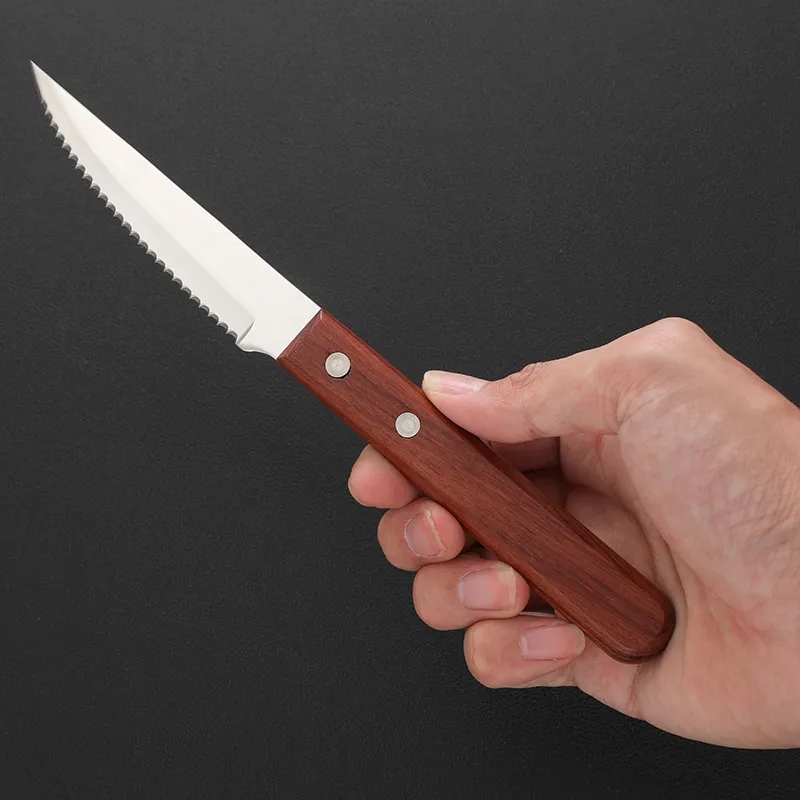 Stainless Steel Serrated Knife w/ Rivet Wooden Handle	